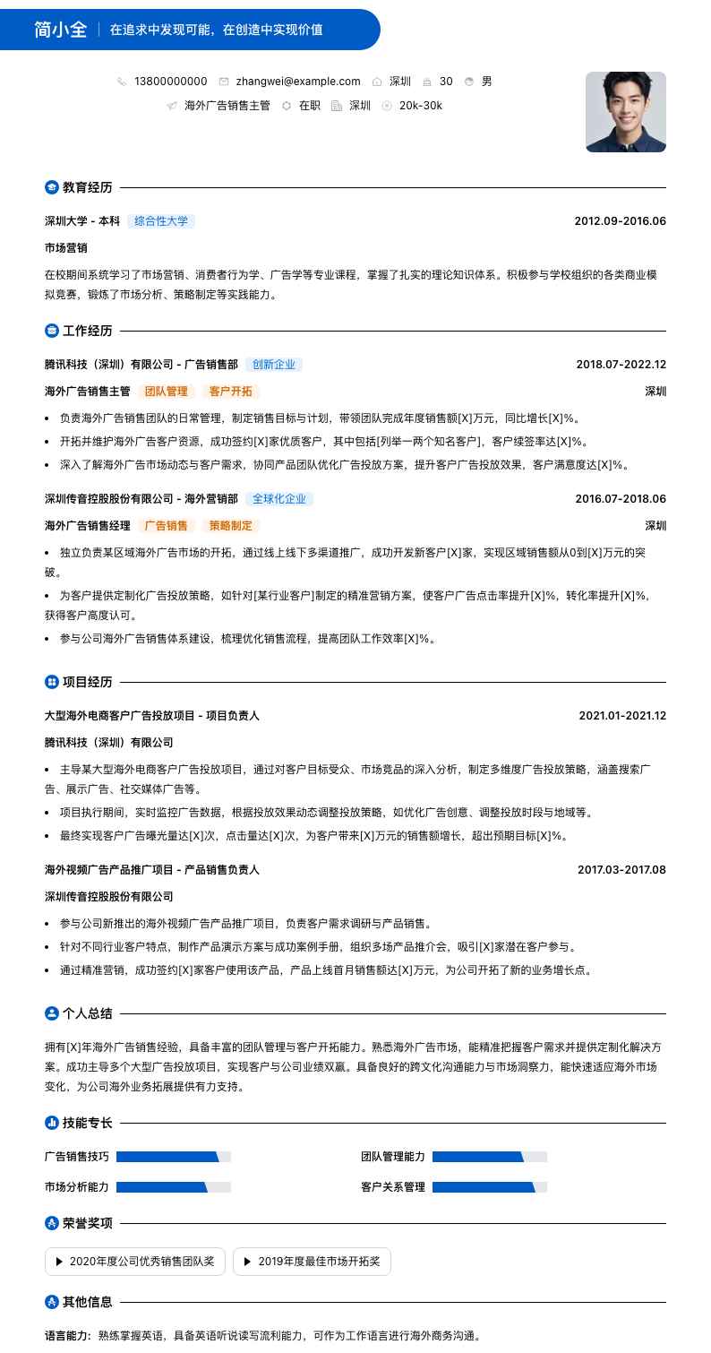海外广告销售主管简历模板