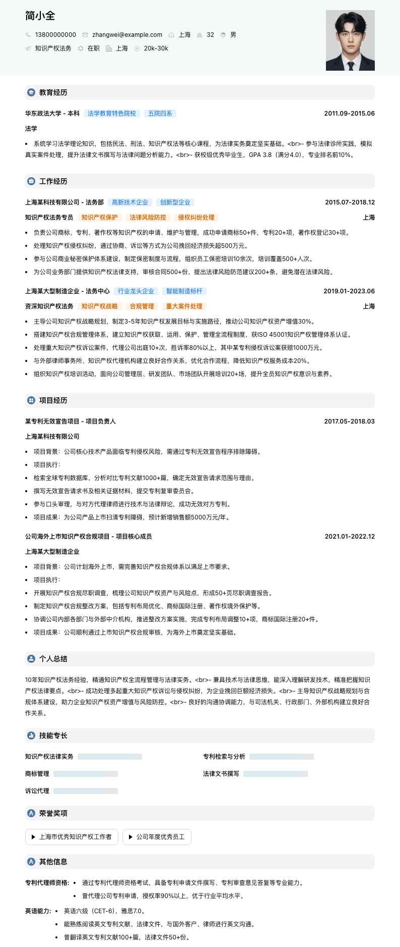 知识产权法务简历模板