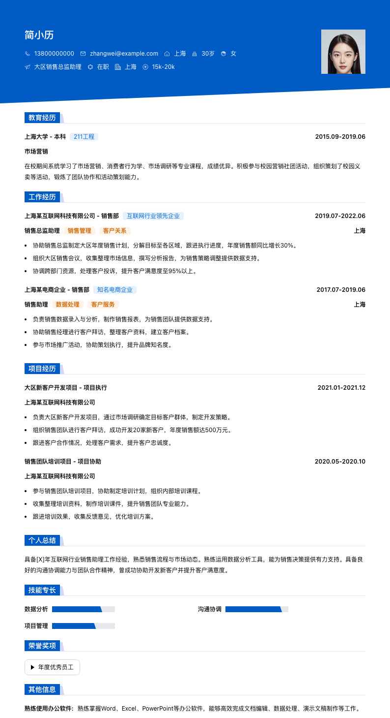 大区销售总监助理简历模板