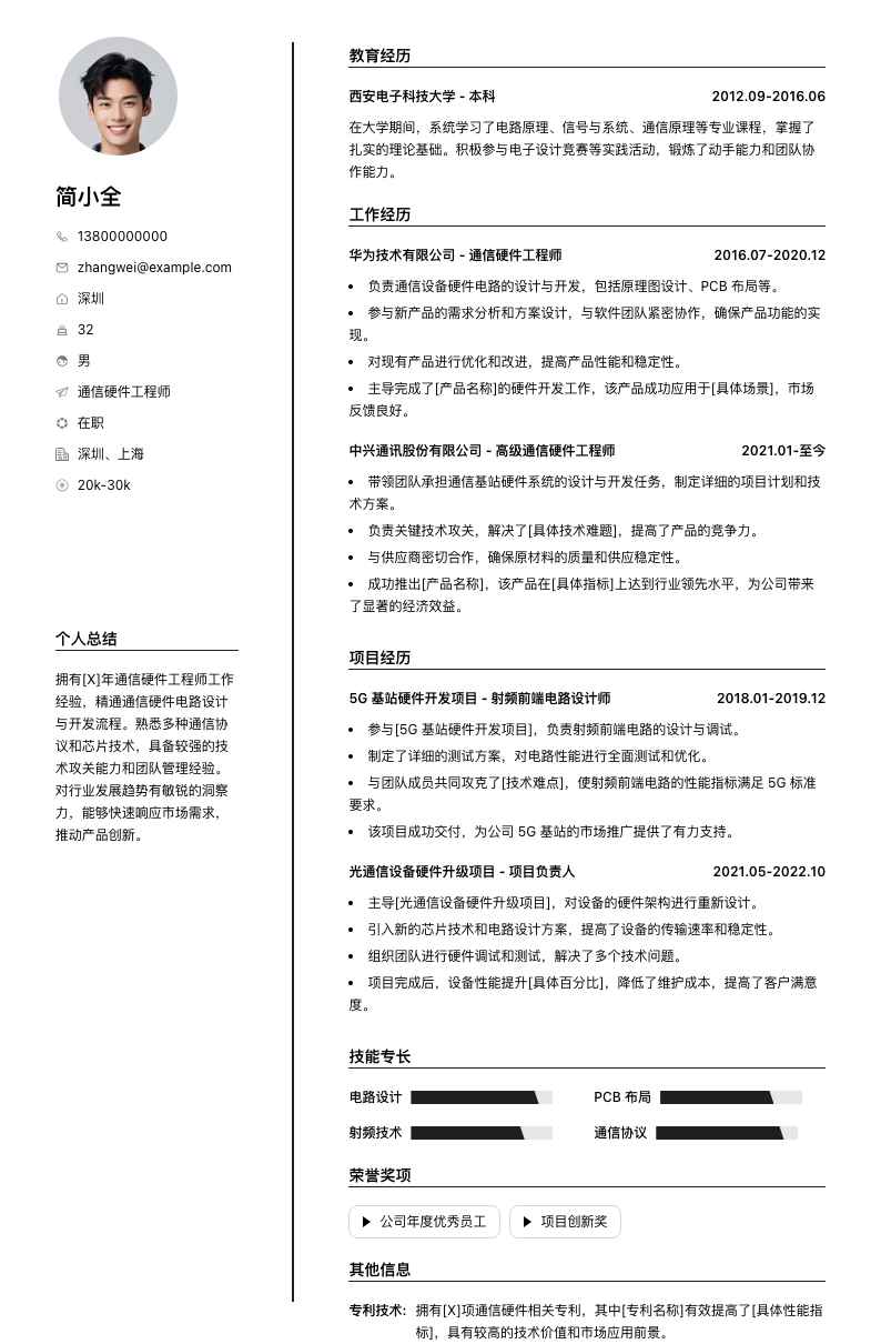 通信硬件工程师简历模板