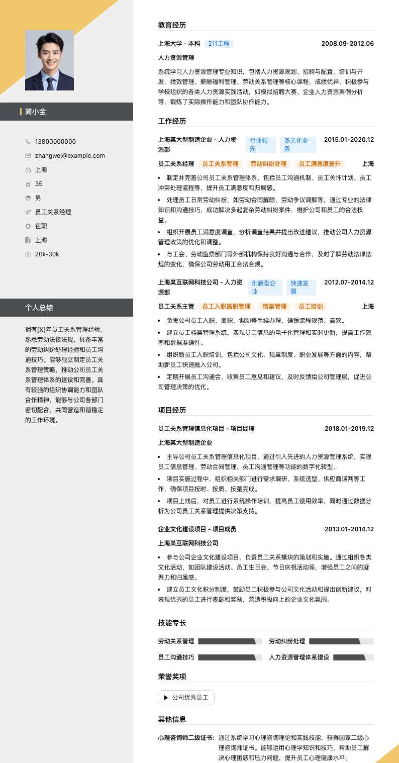 员工关系经理简历模板