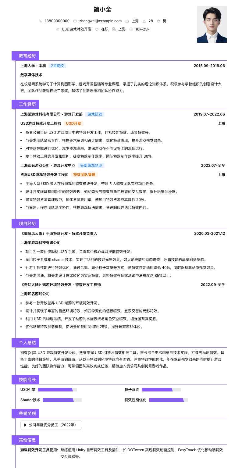 u3d游戏特效简历模板