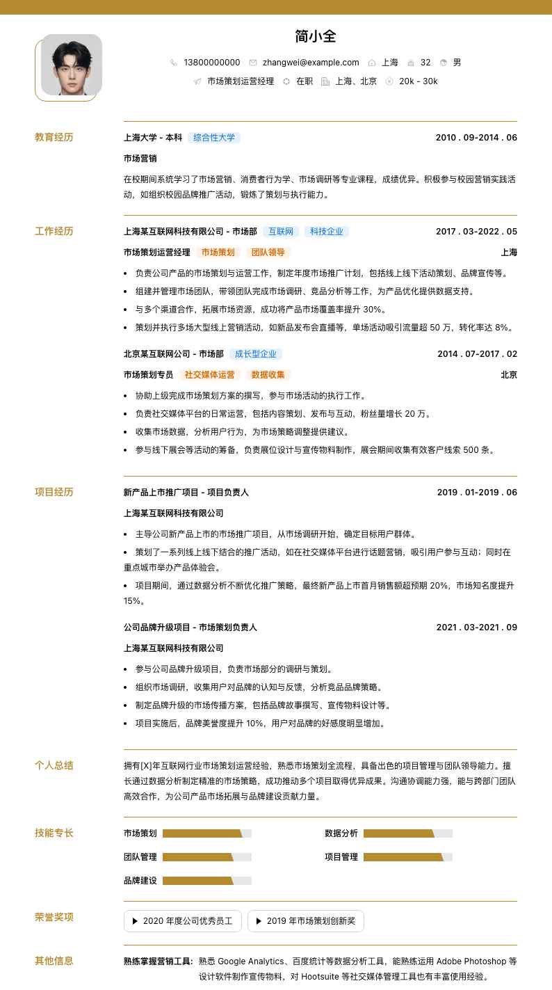 市场策划运营经理简历模板