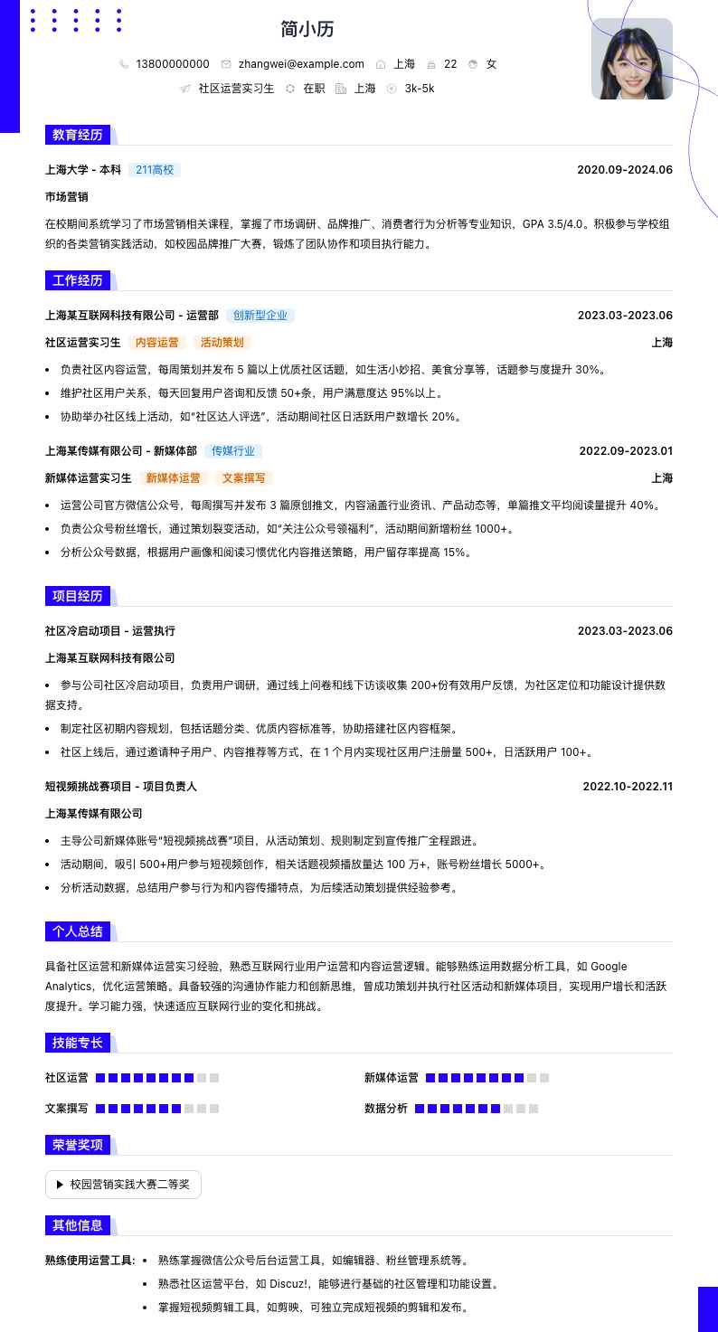 社区运营实习生简历模板