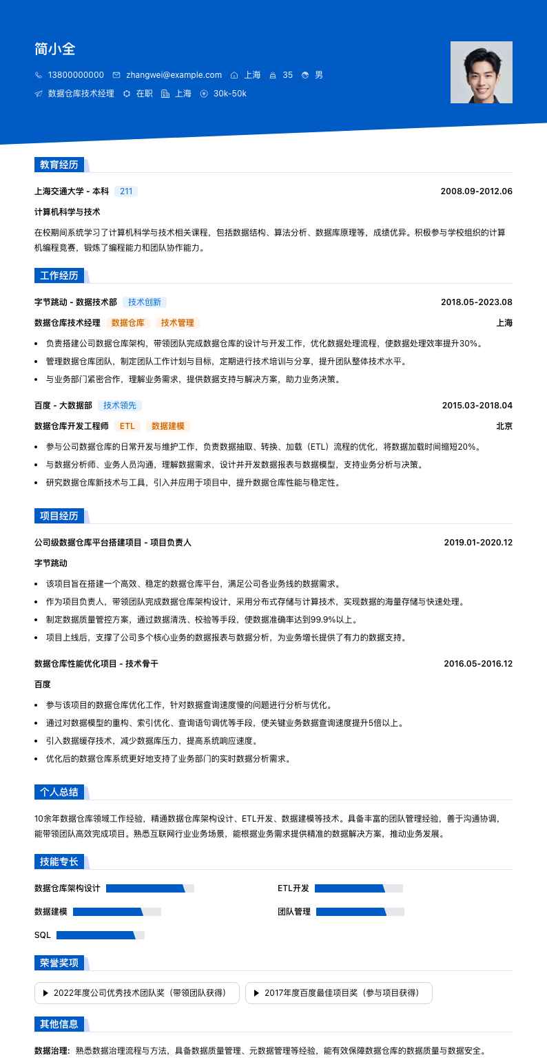 数据仓库技术经理简历模板