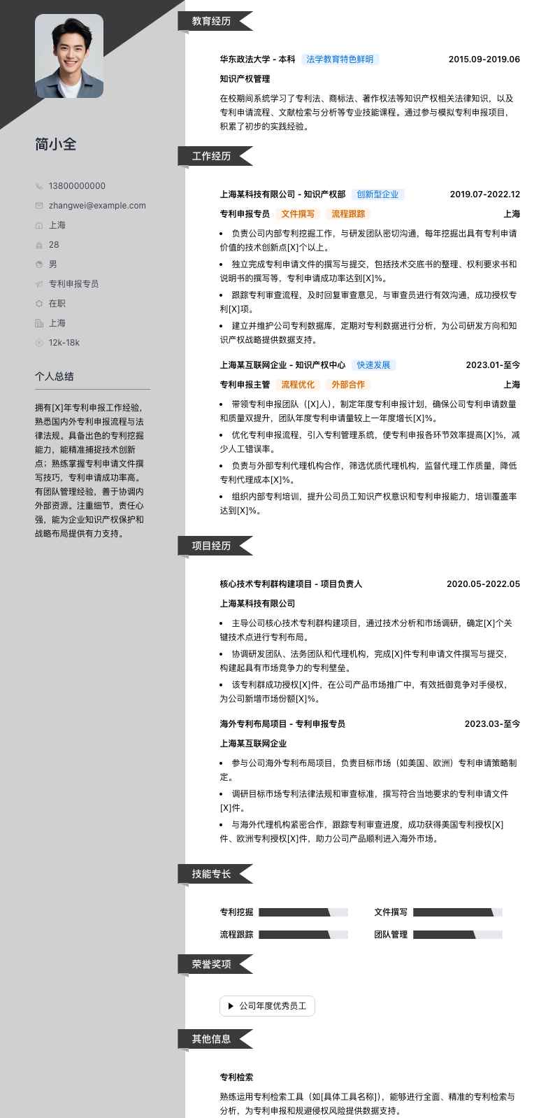 专利申报专员简历模板