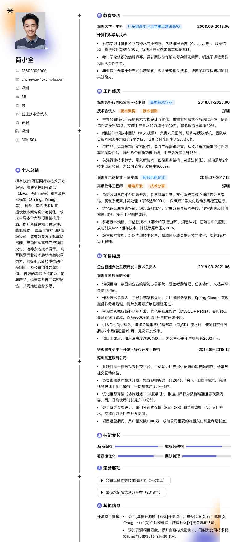 创业技术合伙人简历模板