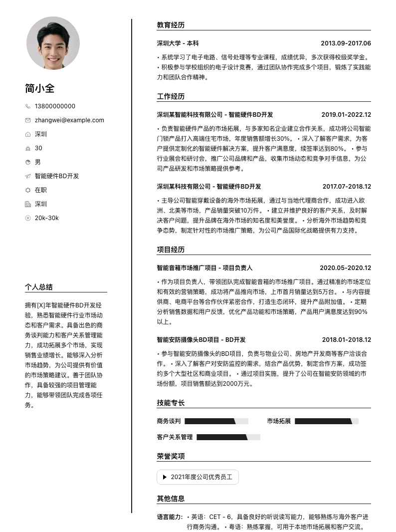 智能硬件BD简历模板