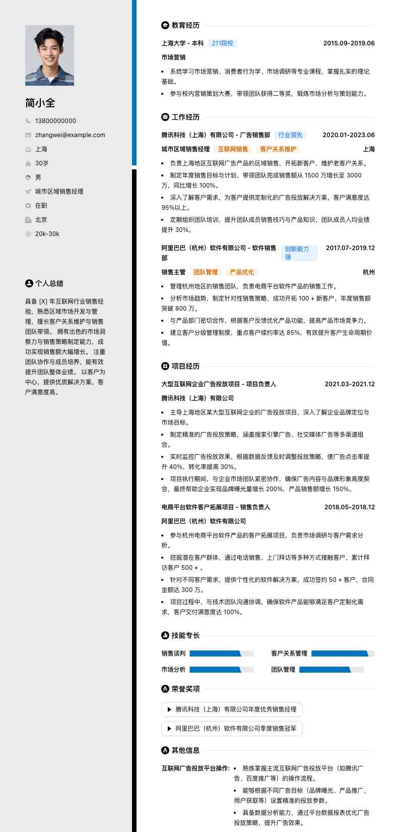 城市区域销售经理简历模板