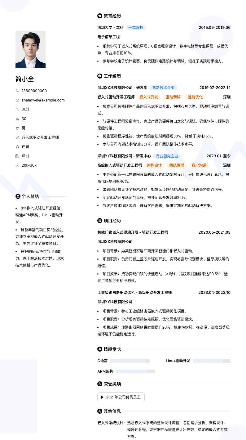 嵌入式驱动开发工程师简历模板