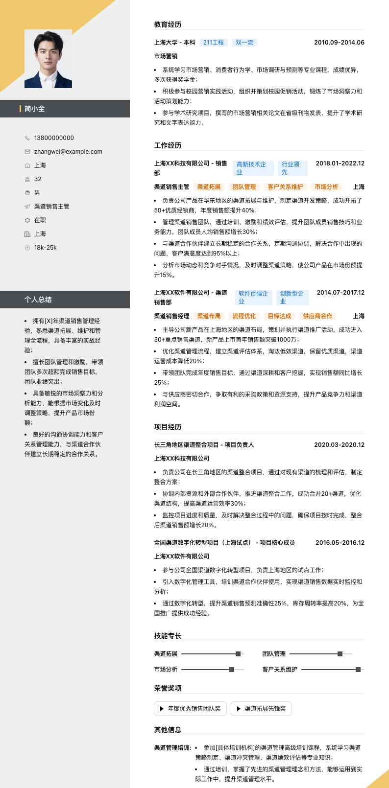 渠道销售主管简历模板