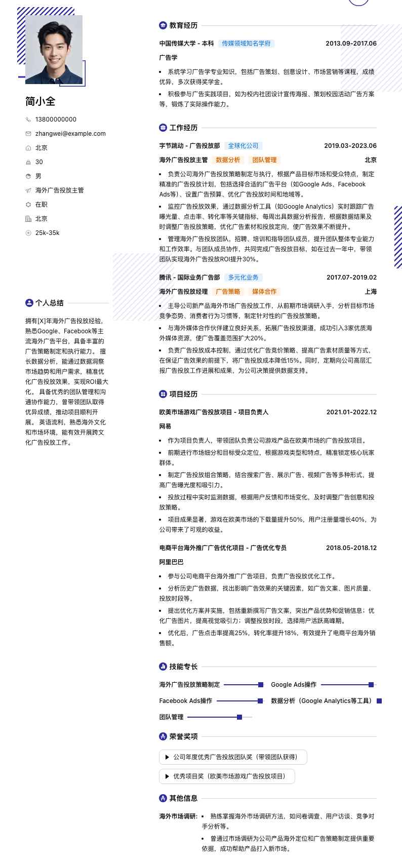 海外广告投放主管简历模板