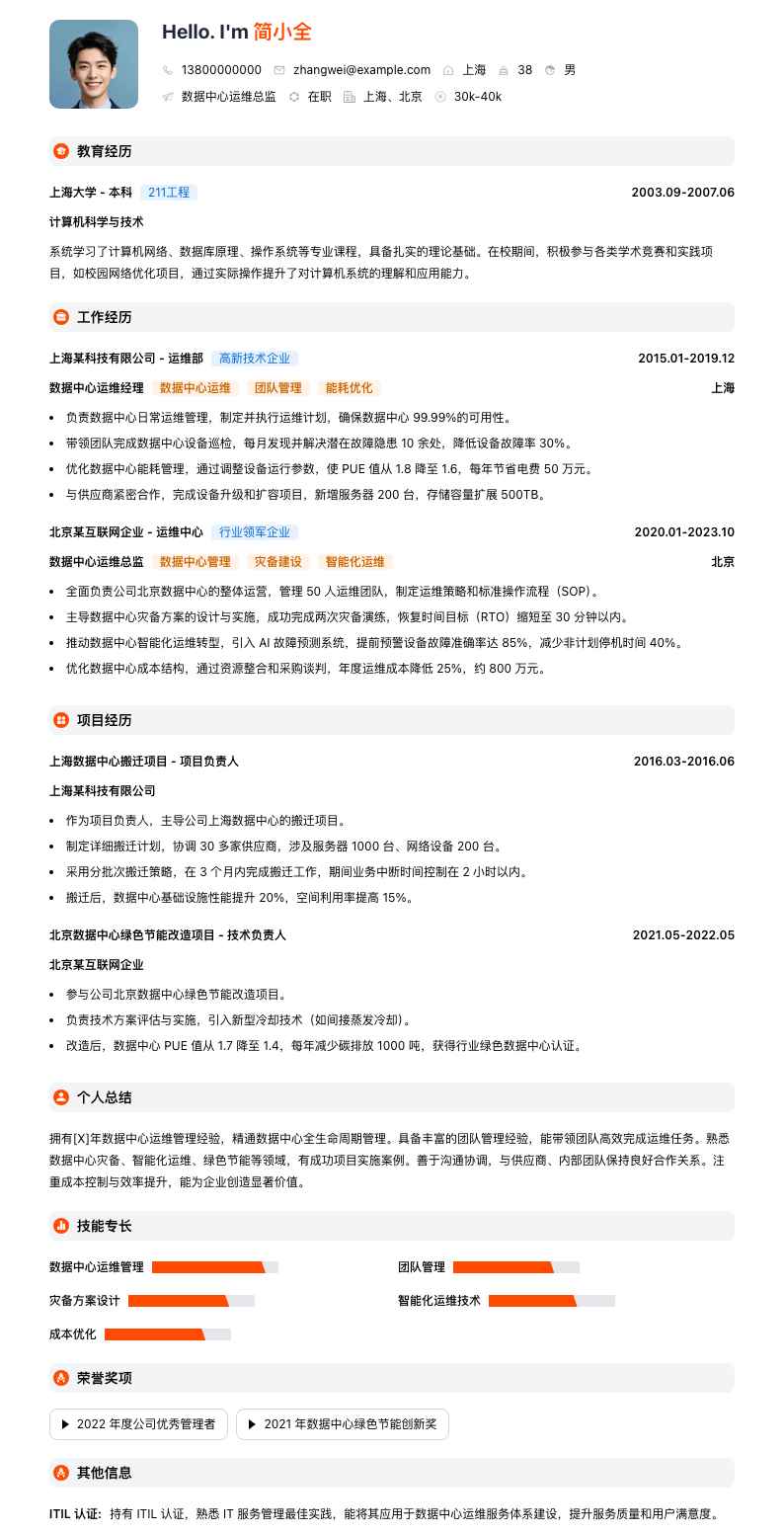 数据中心运维总监简历模板