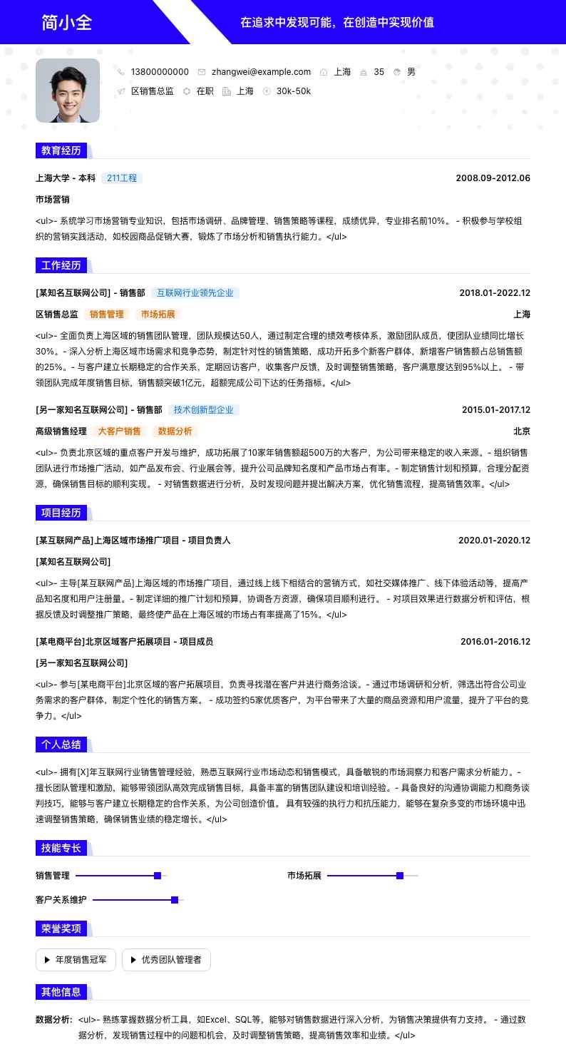 区销售总监简历模板