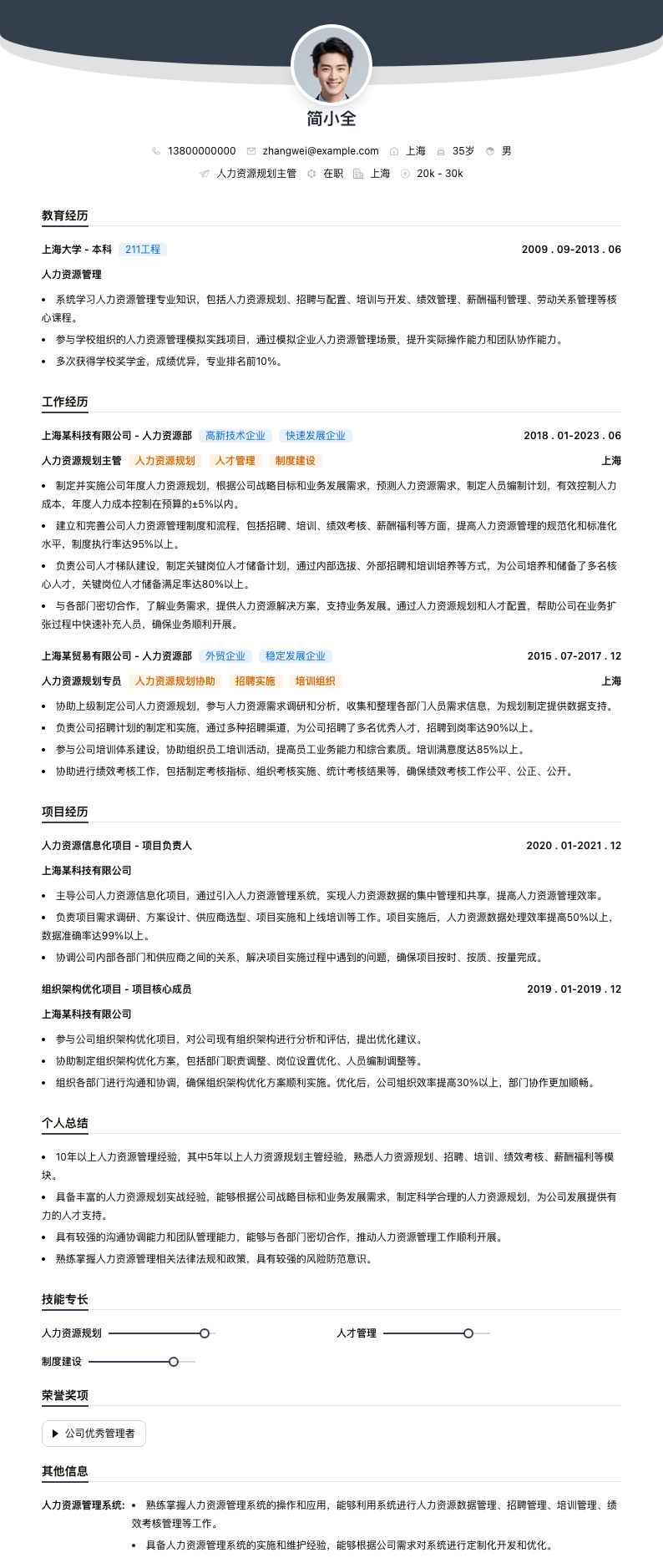 人力资源规划主管简历模板