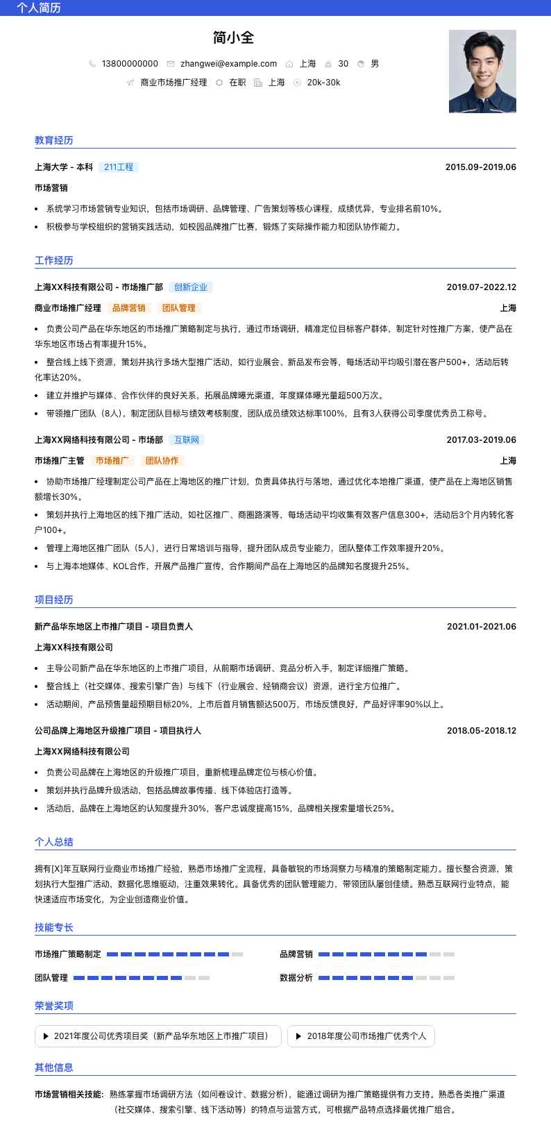 商业市场推广经理简历模板