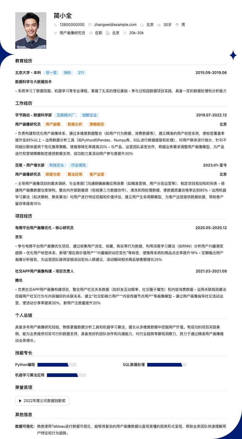 用户画像研究员简历模板