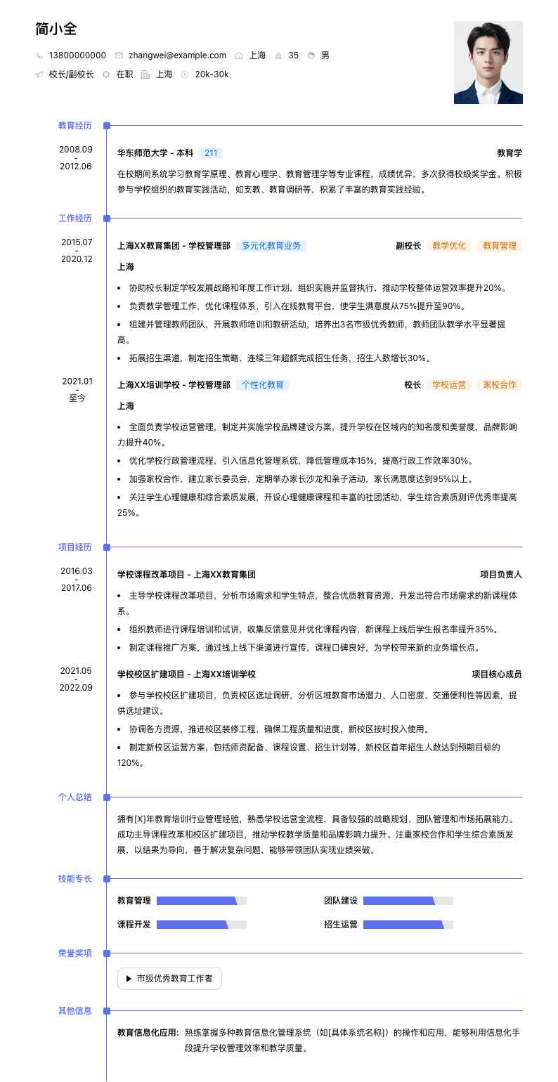 校长副校长简历模板