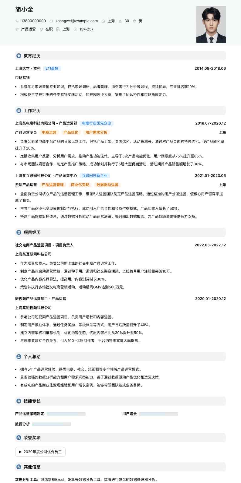 产品运营简历模板