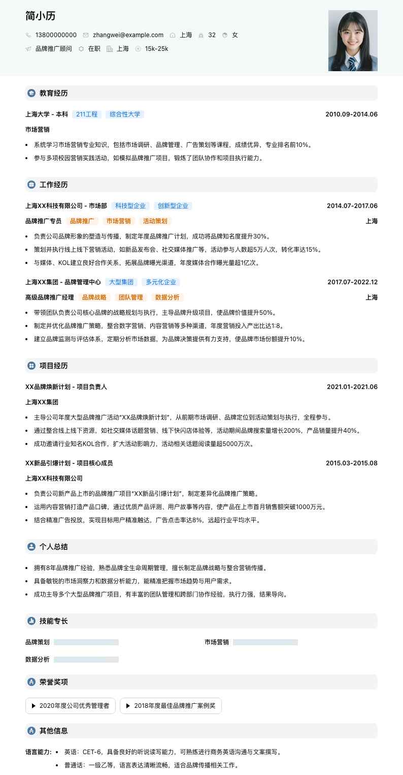 品牌推广顾问简历模板