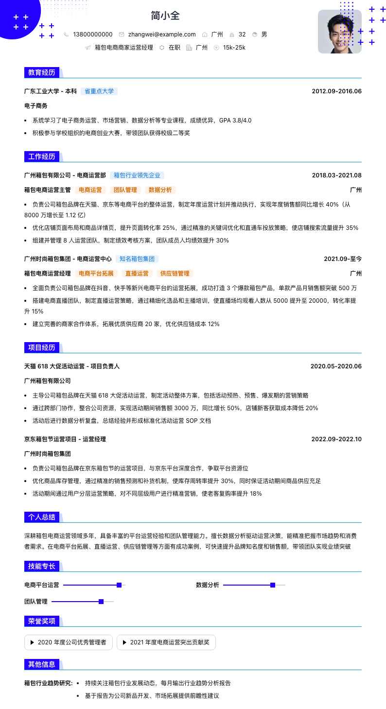 箱包电商商家运营经理简历模板