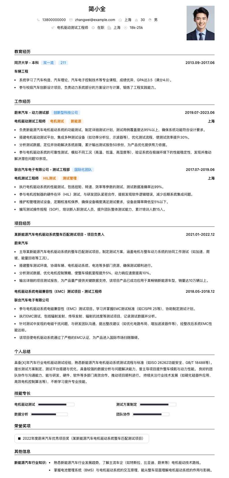 电机驱动测试工程师简历模板