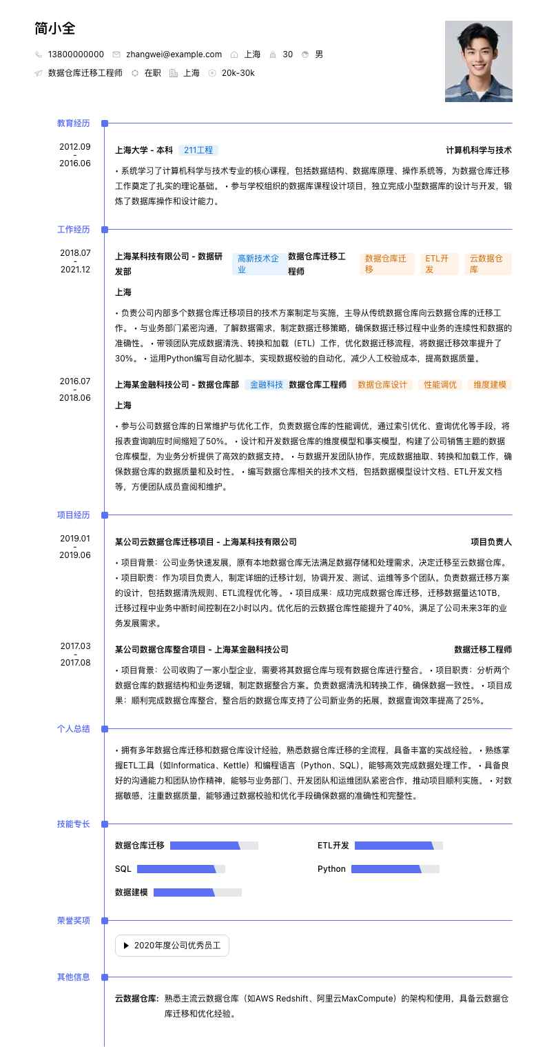 数据仓库迁移工程师简历模板