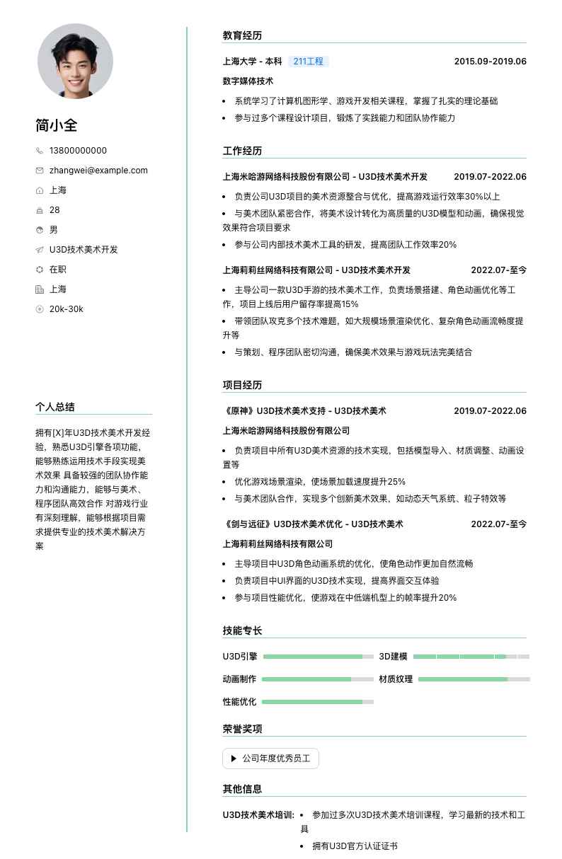u3d技术美术简历模板