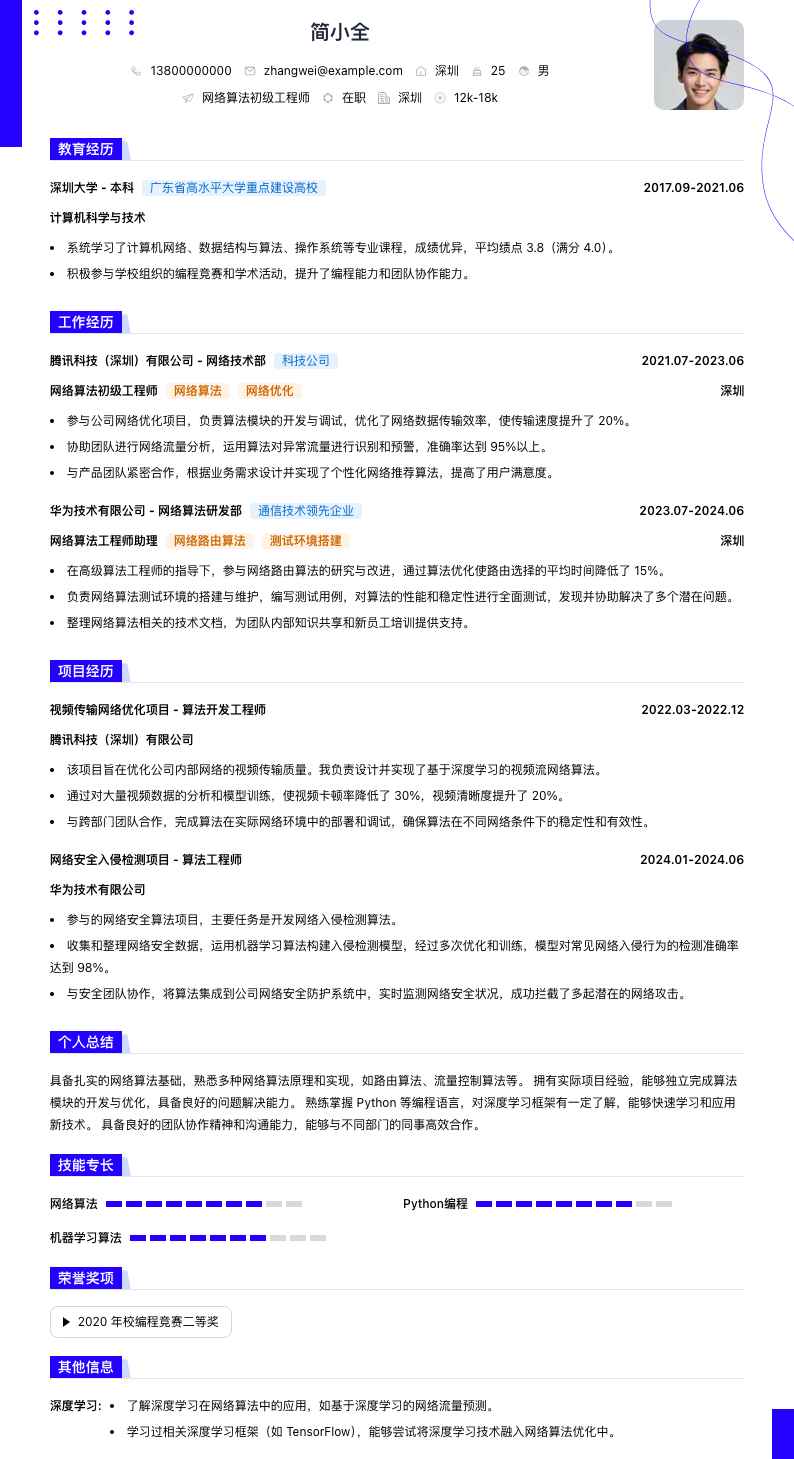网络算法初级工程师简历模板