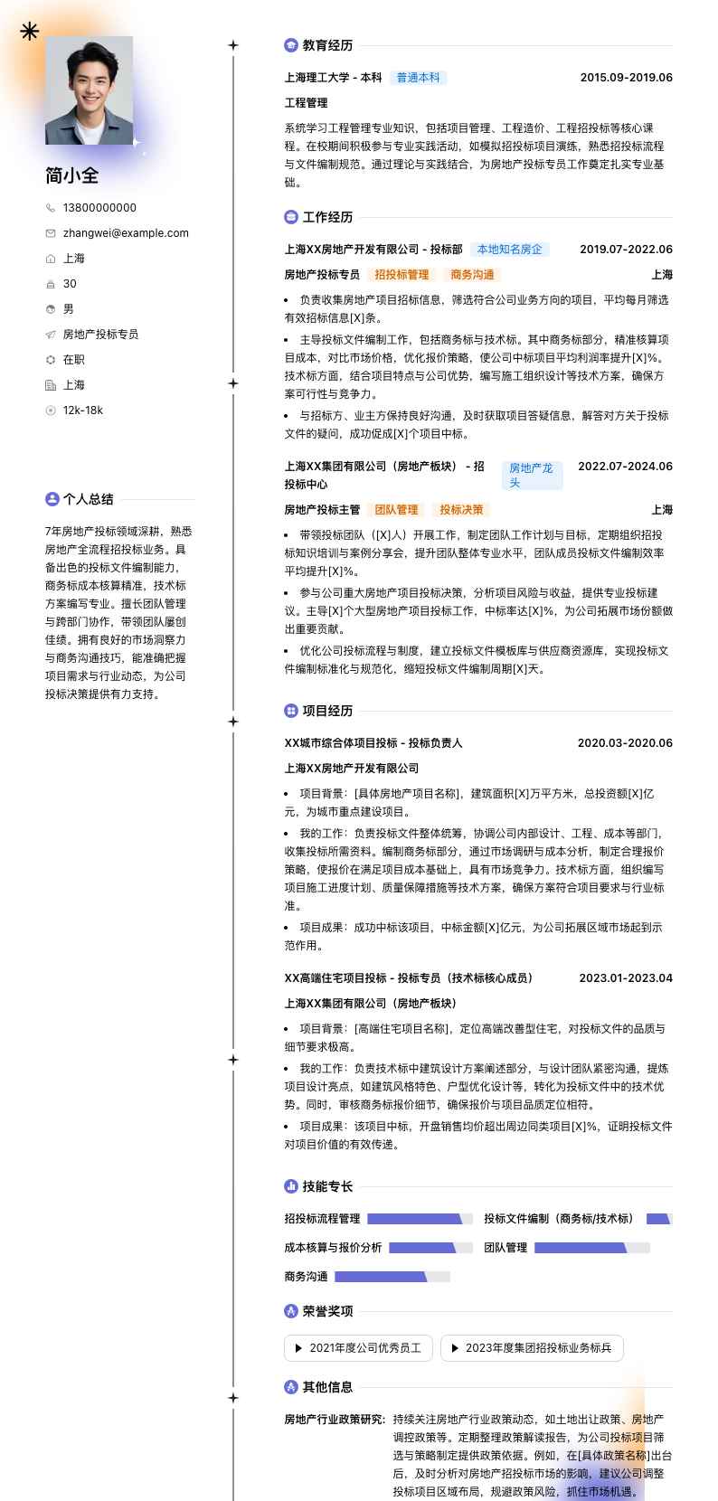 房地产投标专员简历模板