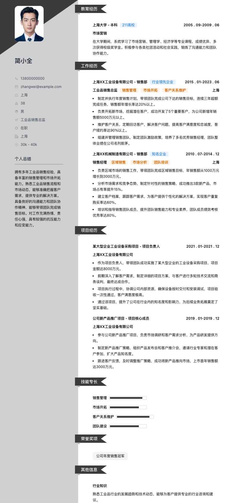 工业品销售总监简历模板