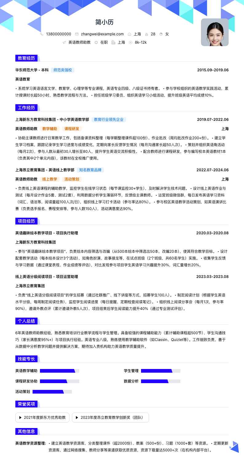 英语教师助教简历模板