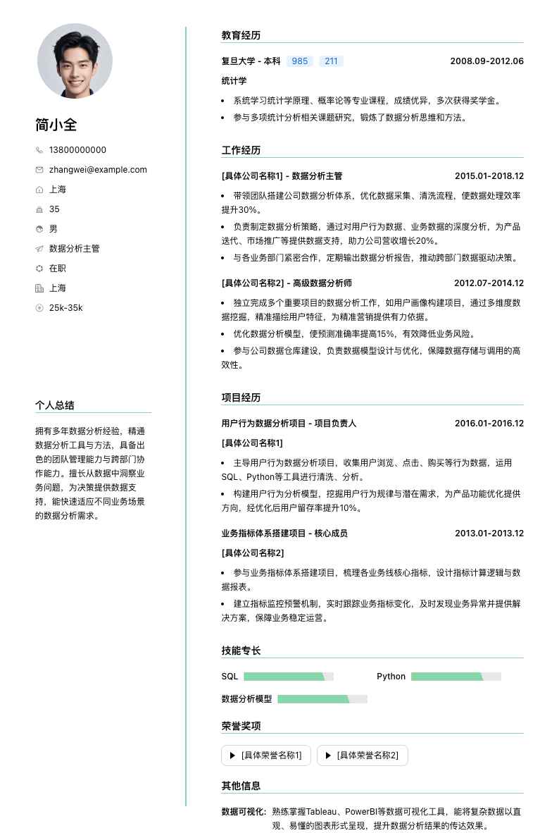 数据分析主管简历模板