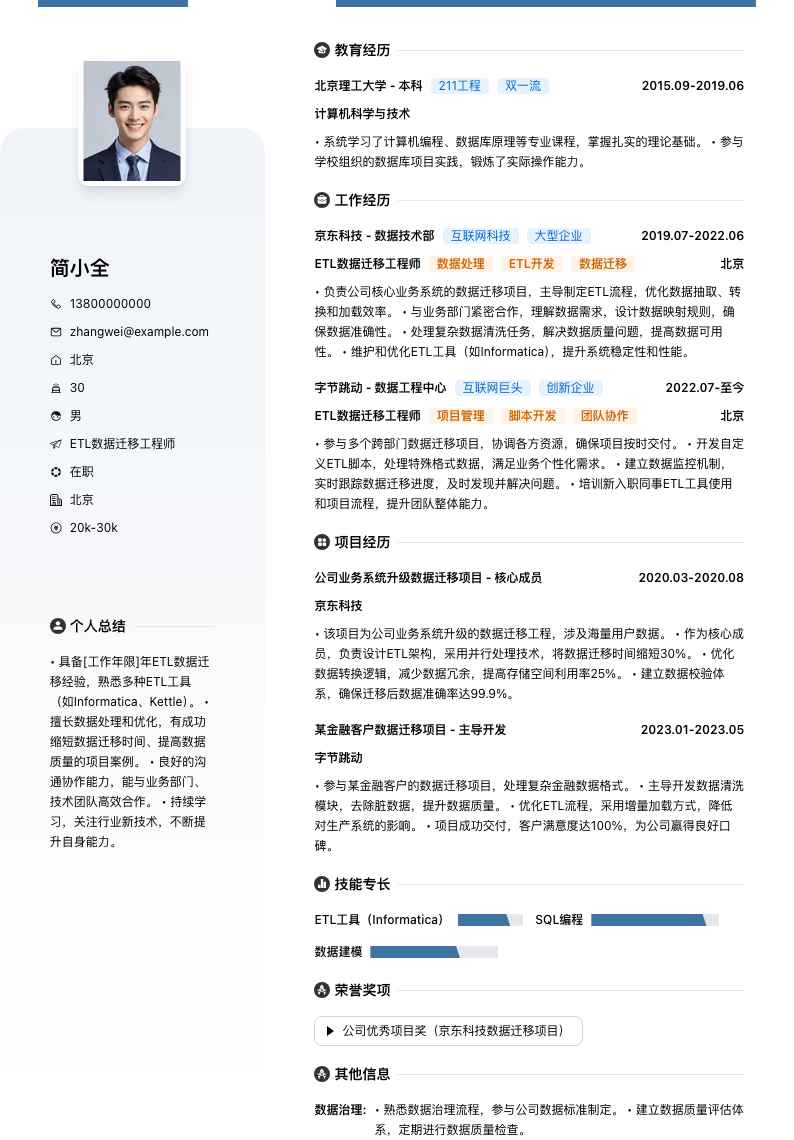 ETL数据迁移工程师简历模板