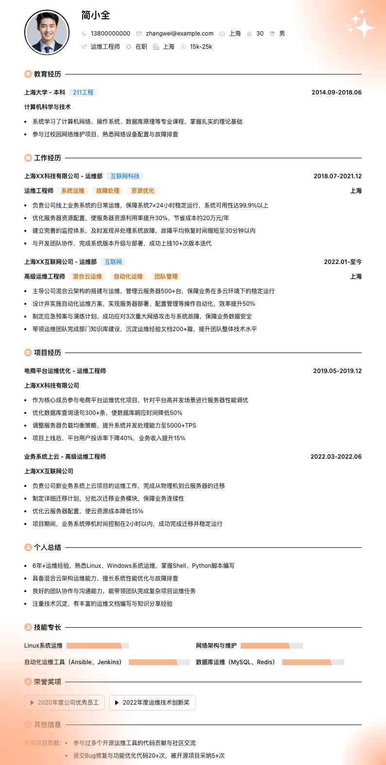 运维工程师简历模板