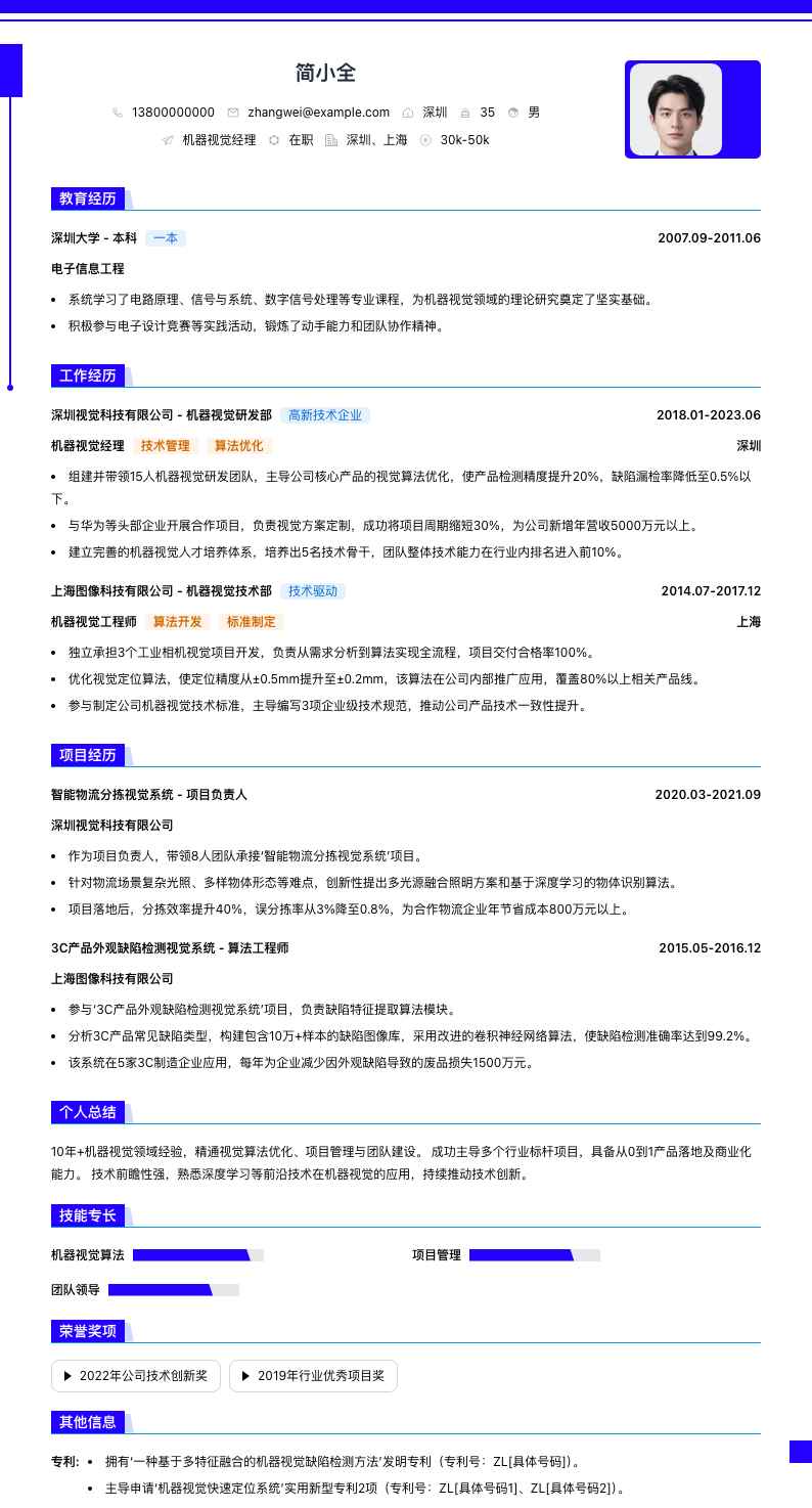 机器视觉经理简历模板