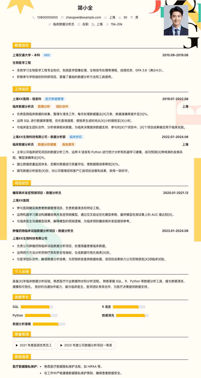 临床数据分析员简历模板