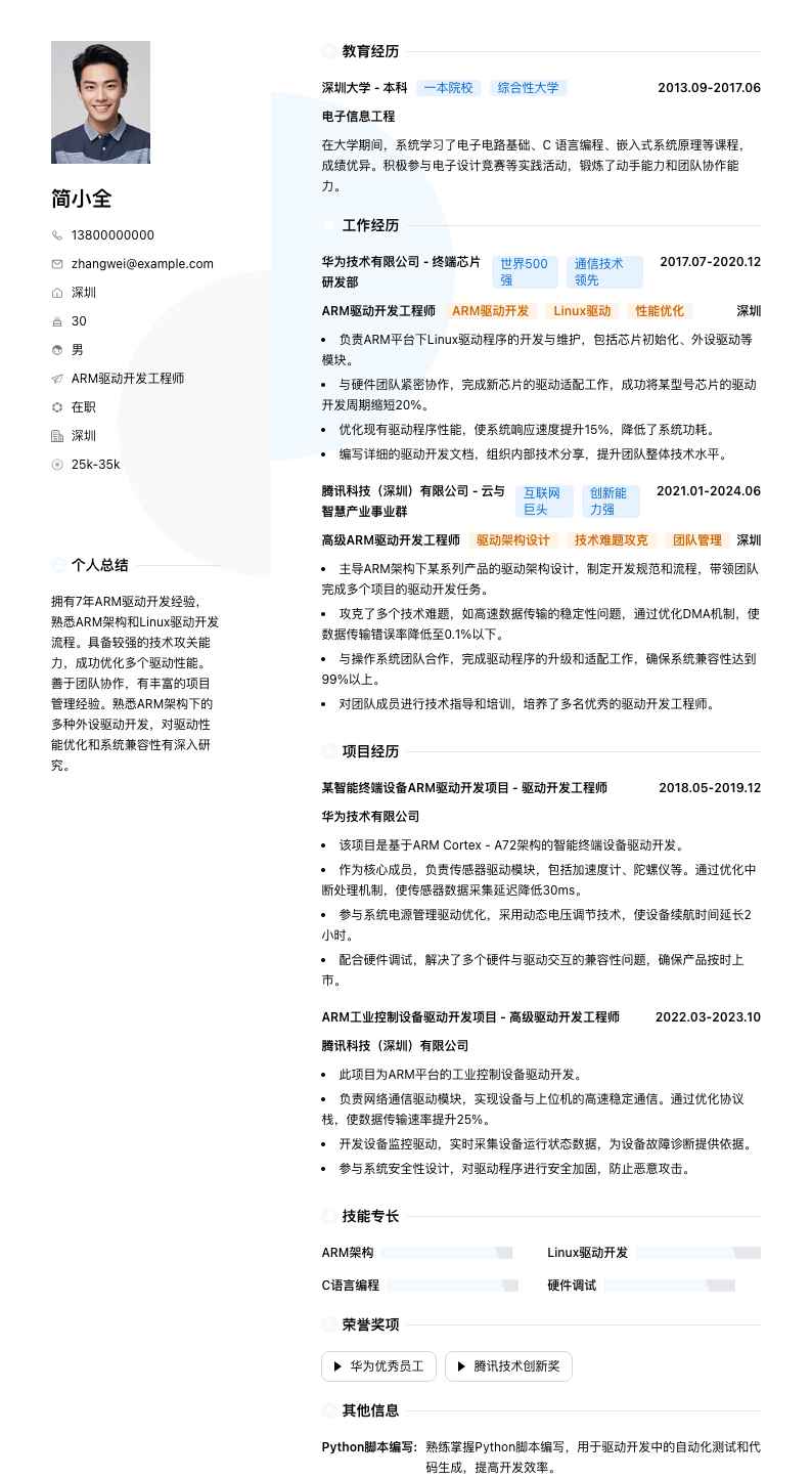 ARM驱动开发工程师简历模板