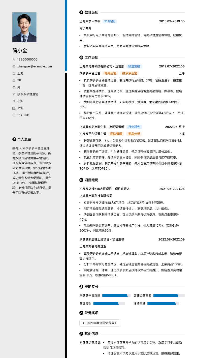 拼多多平台运营简历模板