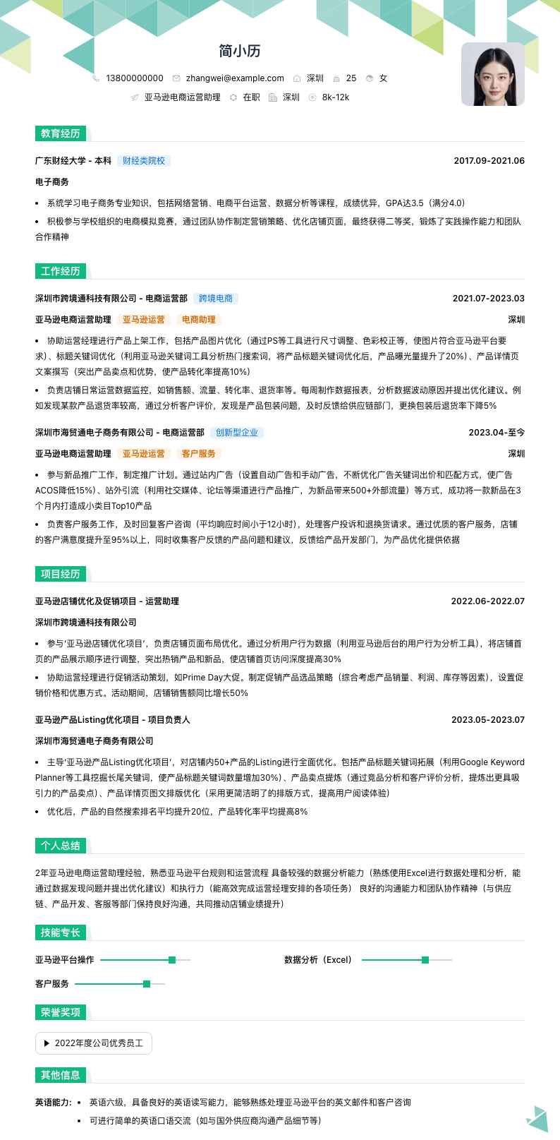 亚马逊电商运营助理简历模板