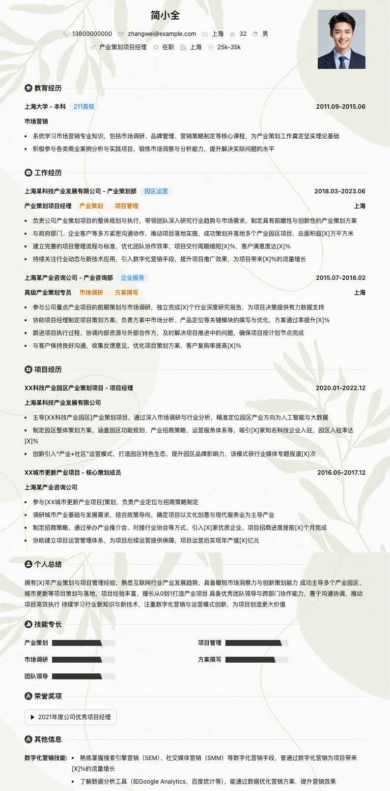 产业策划项目经理简历模板