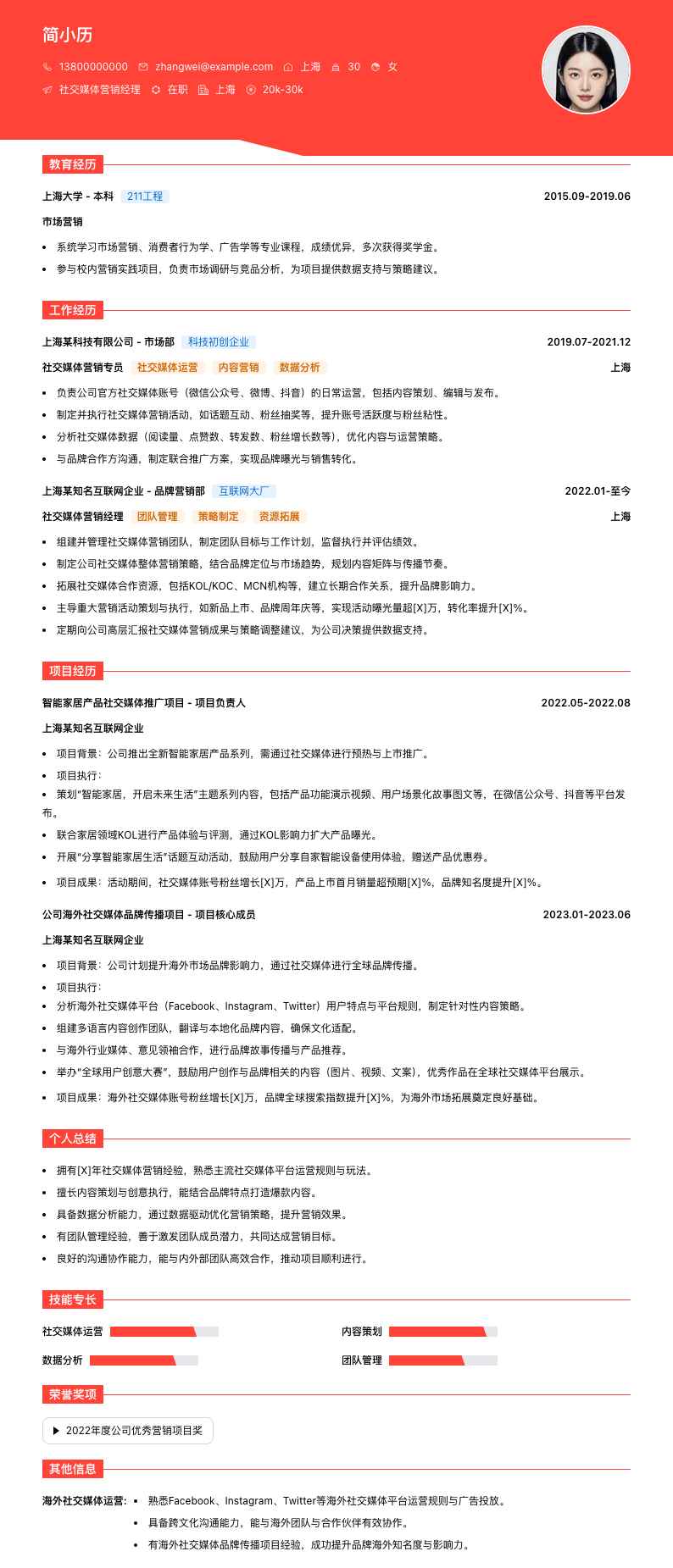 社交媒体营销经理简历模板