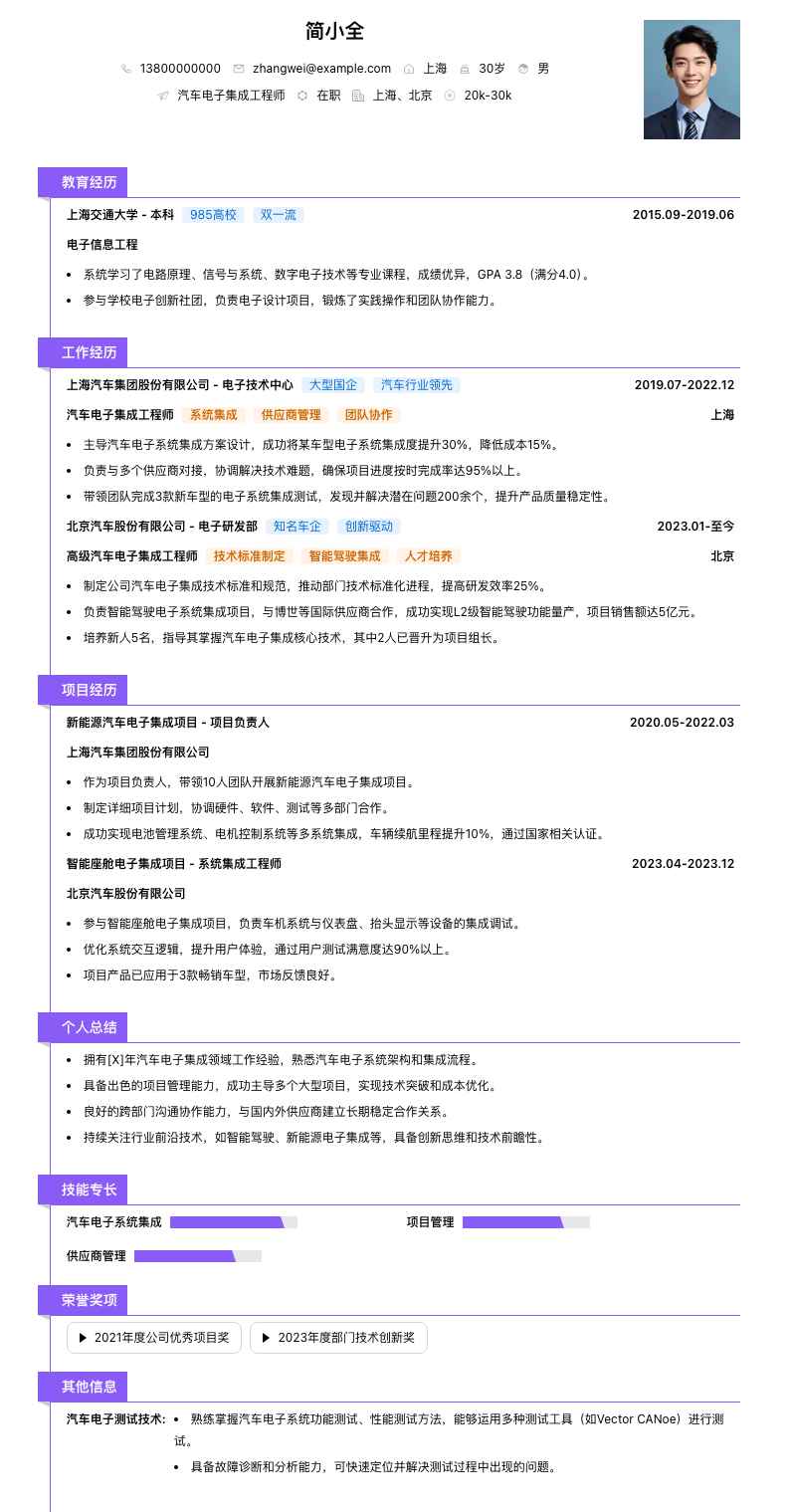汽车电子集成工程师简历模板