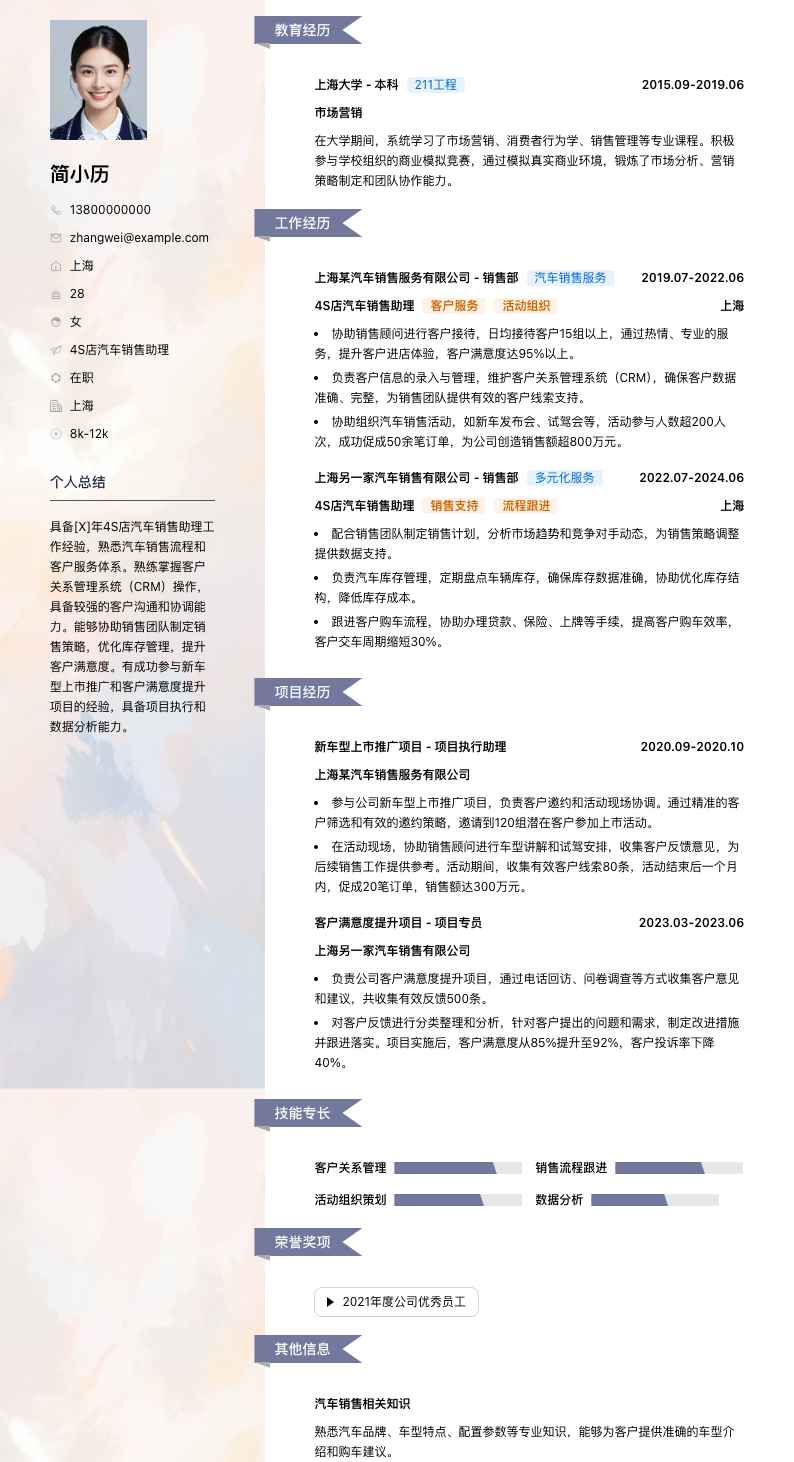 4s店汽车销售助理简历模板