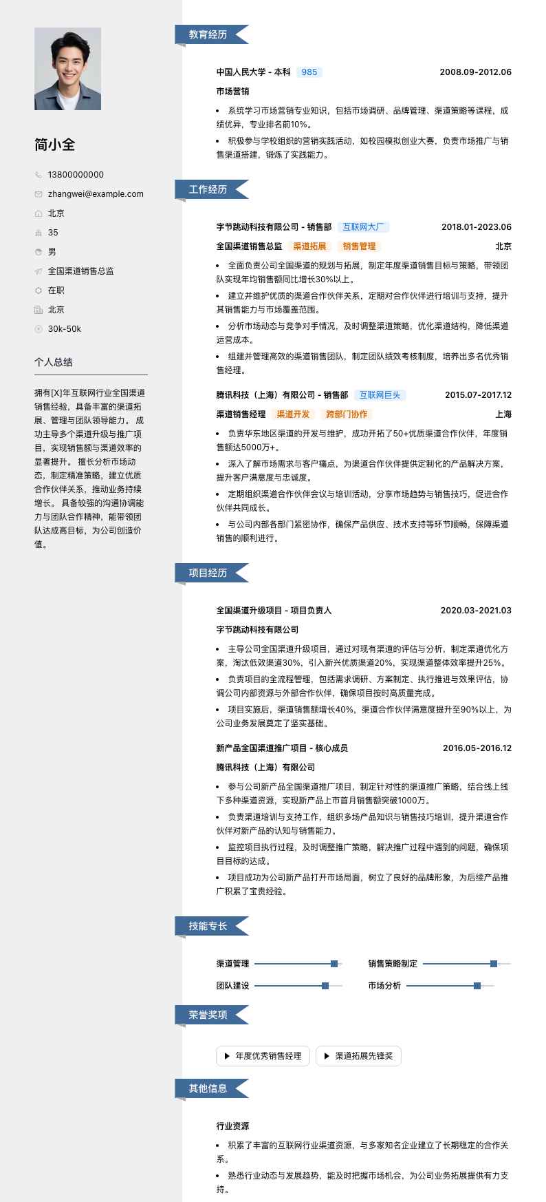 全国渠道销售总监简历模板