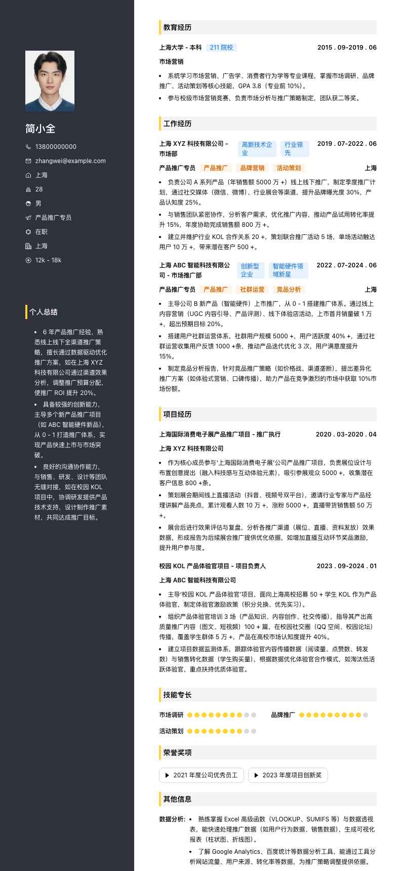 产品推广专员简历模板