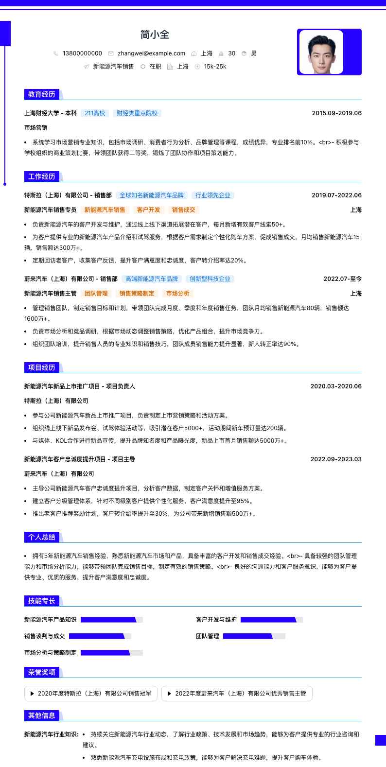 新能源汽车销售简历模板