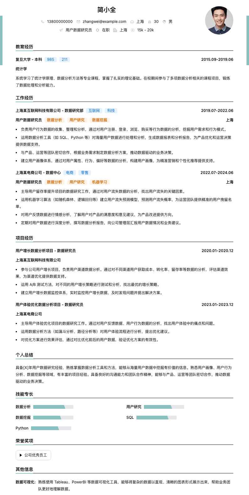 用户数据研究员简历模板