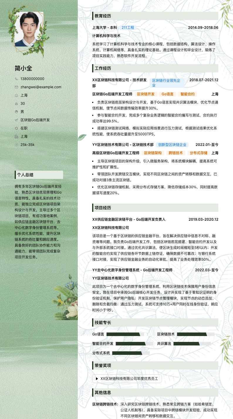 区块链Go后端开发简历模板