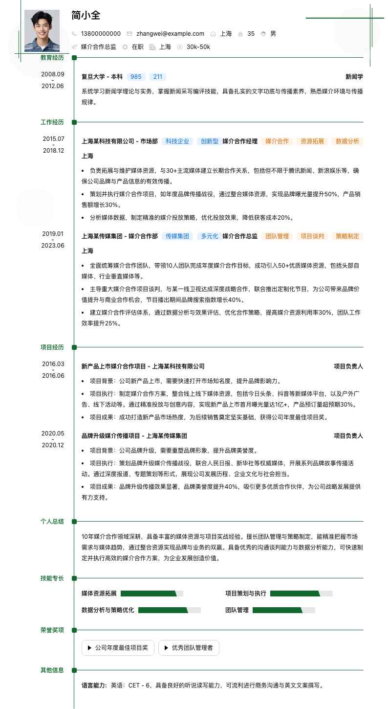 媒介合作总监简历模板
